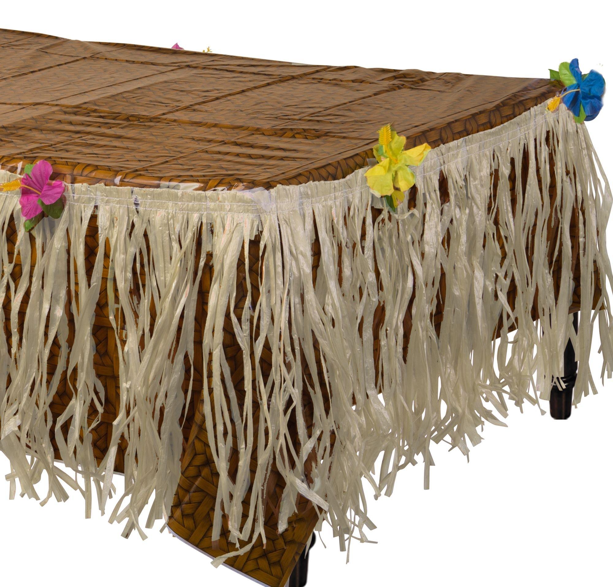 Faux Woven Luau Plastic Table Cover & Tan Raffia Grass Fringe Table Skirt with Flowers Set