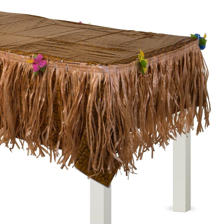 Faux Woven Luau Plastic Table Cover & Tan Raffia Grass Fringe Table Skirt with Flowers Set