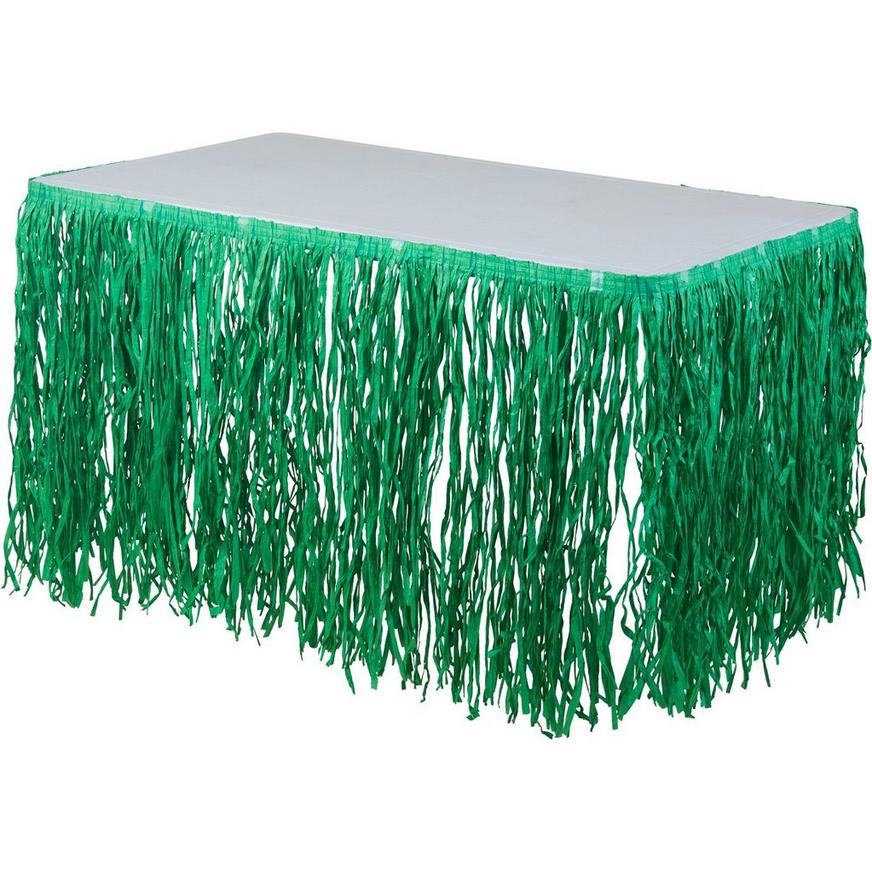 Green Faux Grass Tissue Paper Fringe Table Skirt, 9ft x 29in