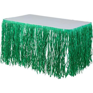 Green Faux Grass Tissue Paper Fringe Table Skirt, 9ft x 29in