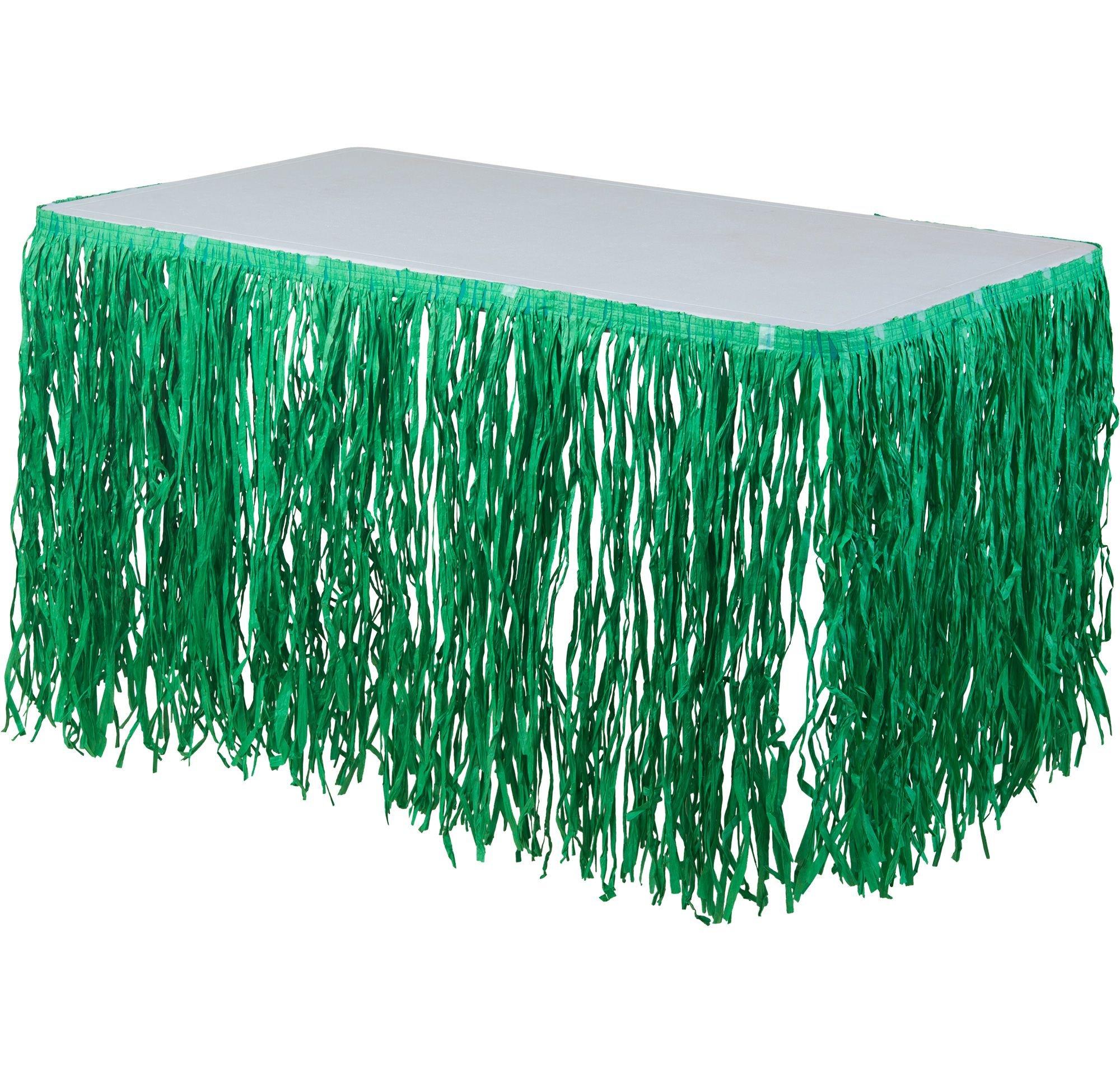 Green Faux Grass Tissue Paper Fringe Table Skirt, 9ft x 29in