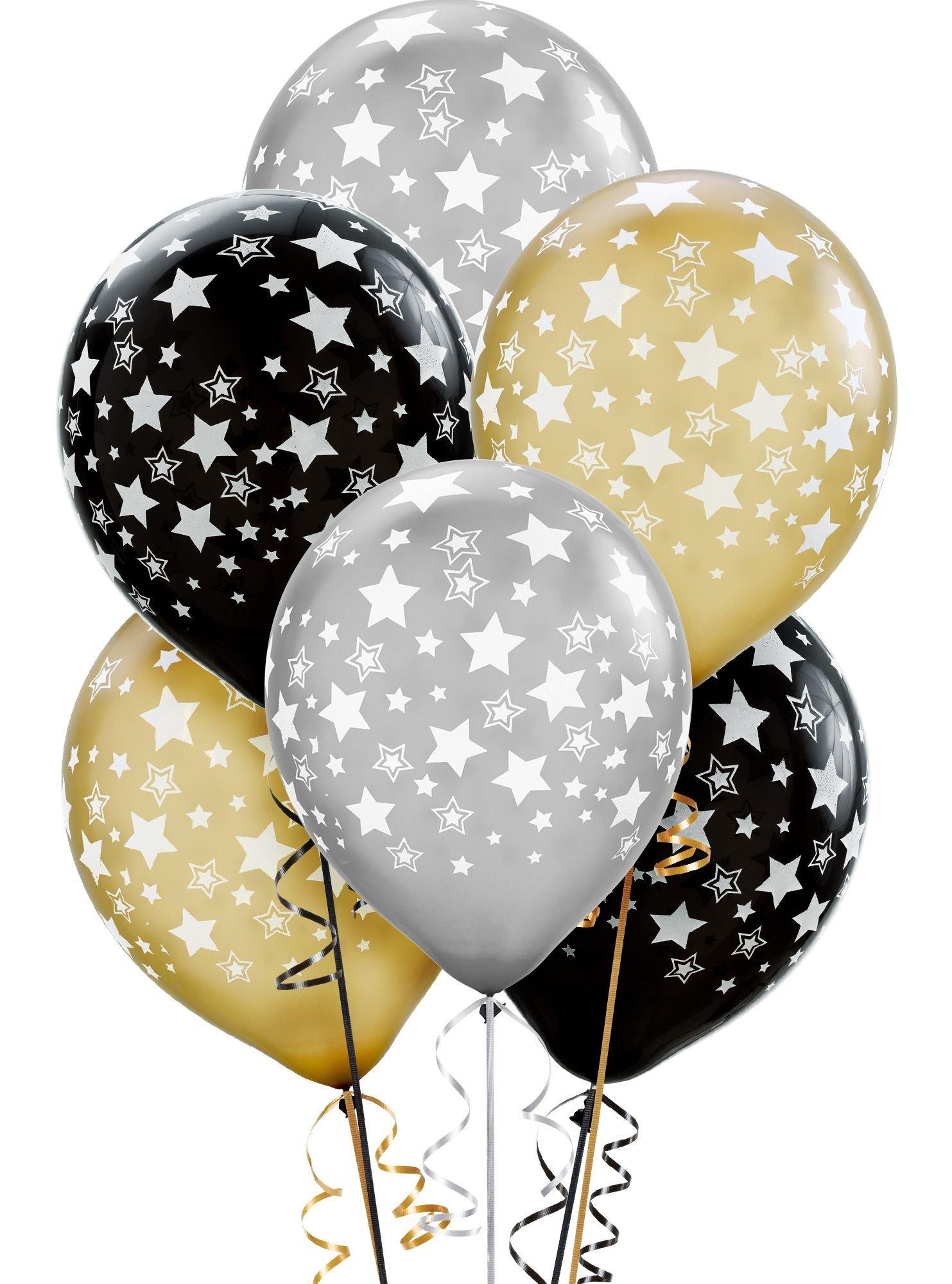 20ct, 12in, Star Balloons - Black, Gold & Silver
