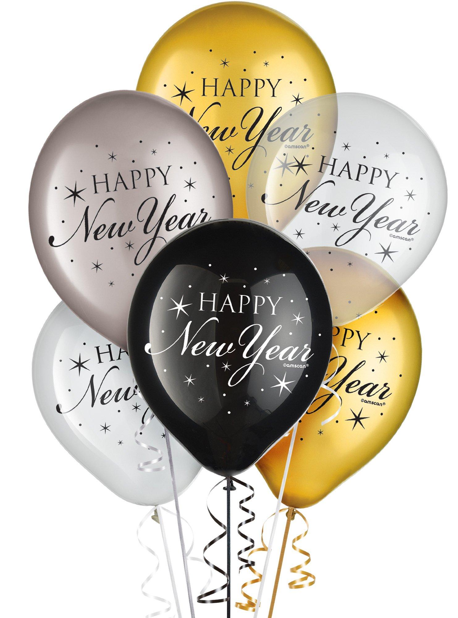15ct, 12in, Black, Silver & Gold Happy New Year Sparkles Latex Balloons