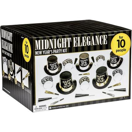 Kit for 10 - Midnight Elegance - Black, Gold & Silver New Year's Eve Party Kit, 20pc