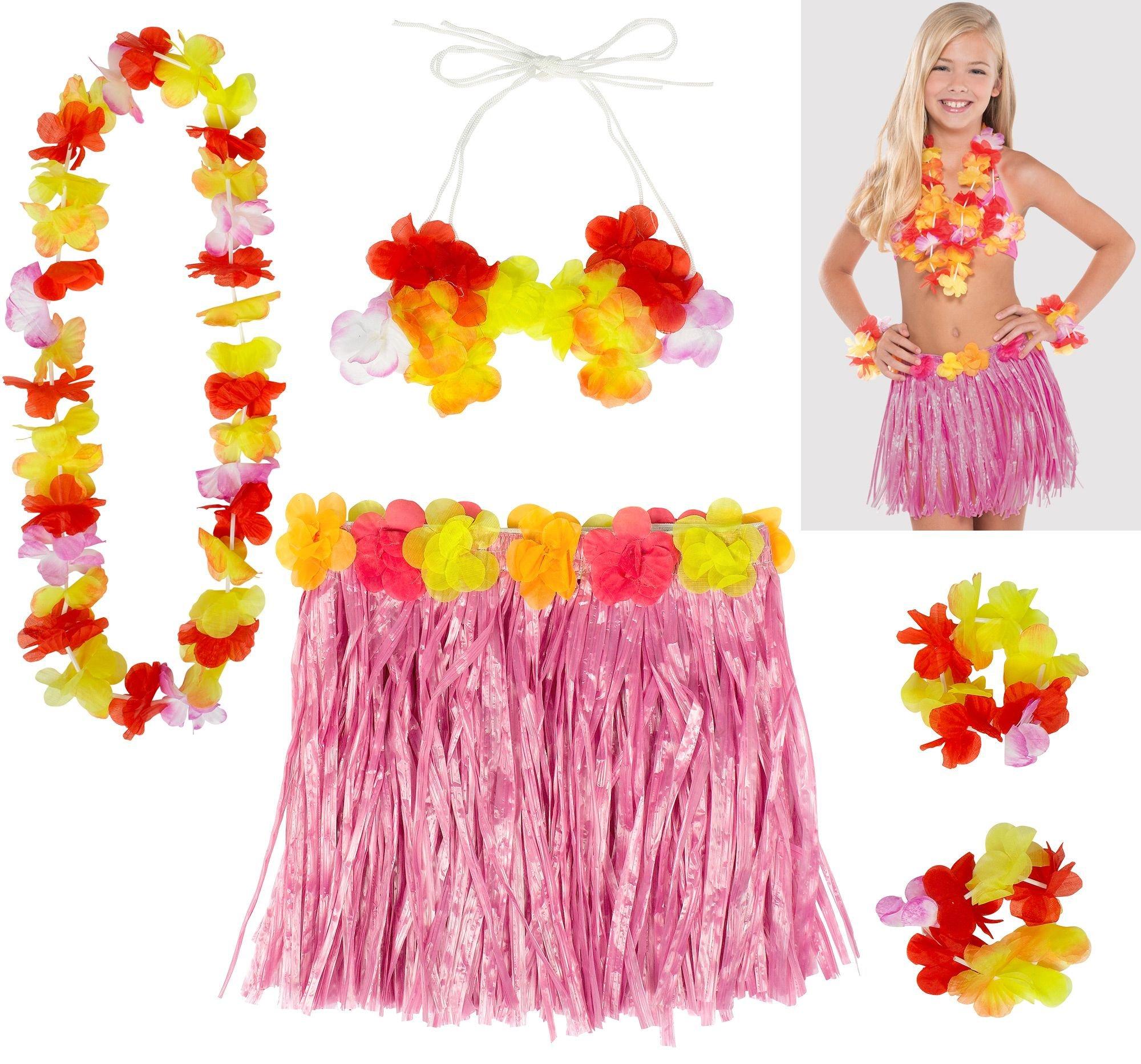Child Pink Faux Grass Skirt Kit, 5pc