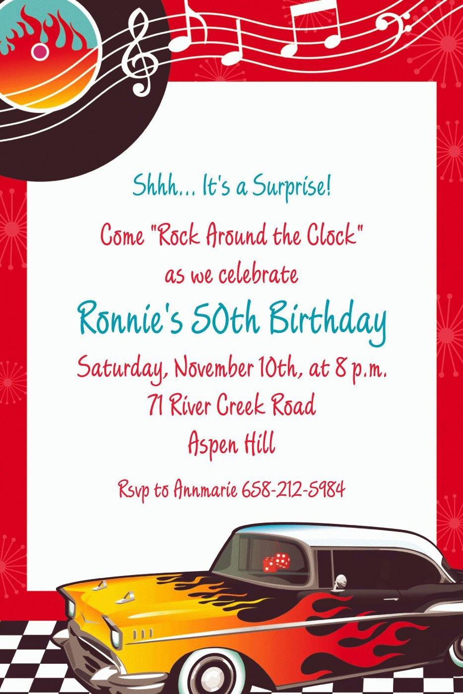 10 Personalised 1950s Themed Birthday Party Invitations/Invites