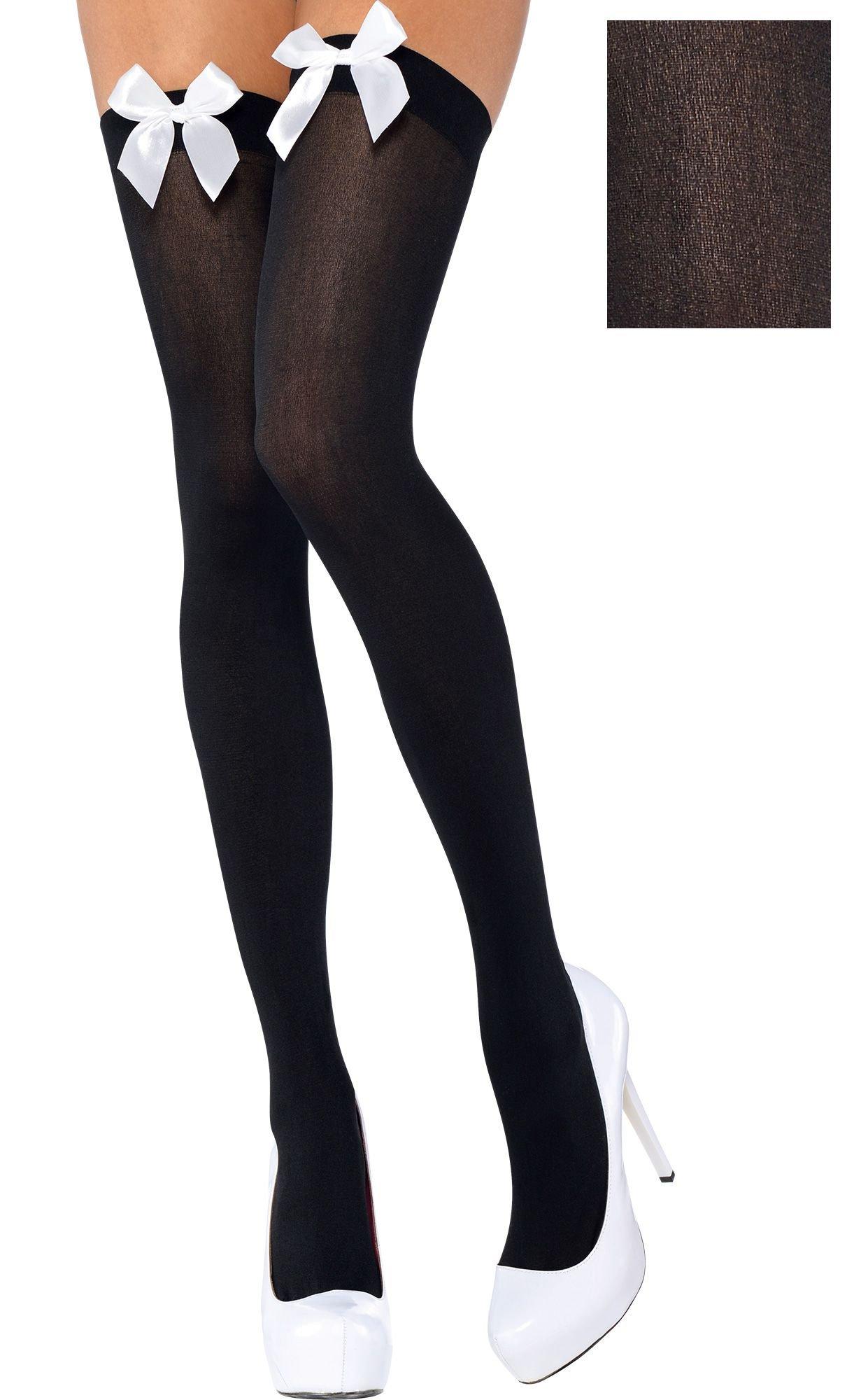 Adult Black Thigh-High Stockings with White Bows