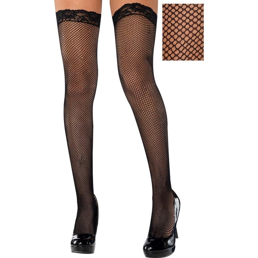 Adult Black Fishnet Thigh-High Stockings with Lace Top