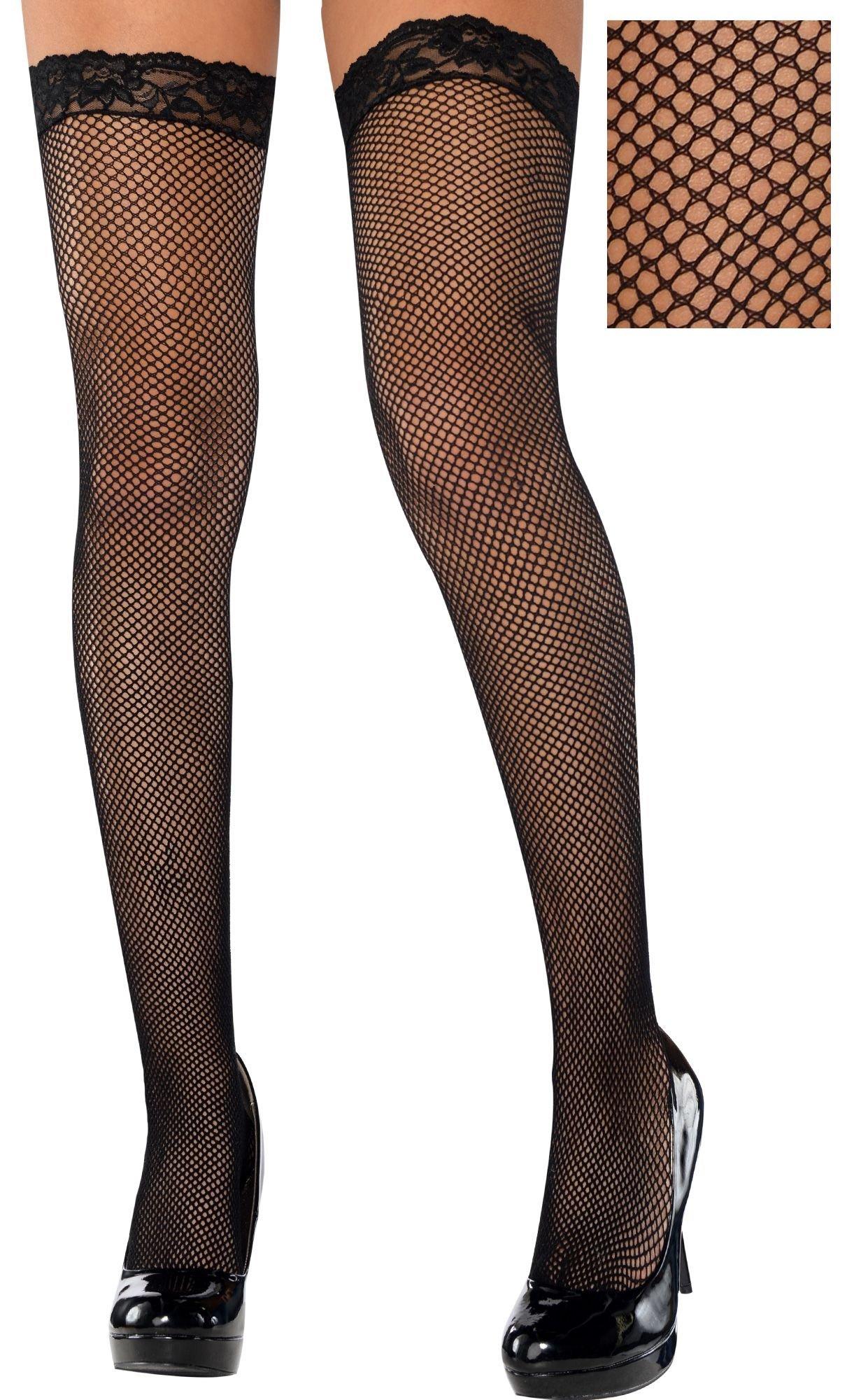 Adult Black Fishnet Thigh-High Stockings with Lace Top