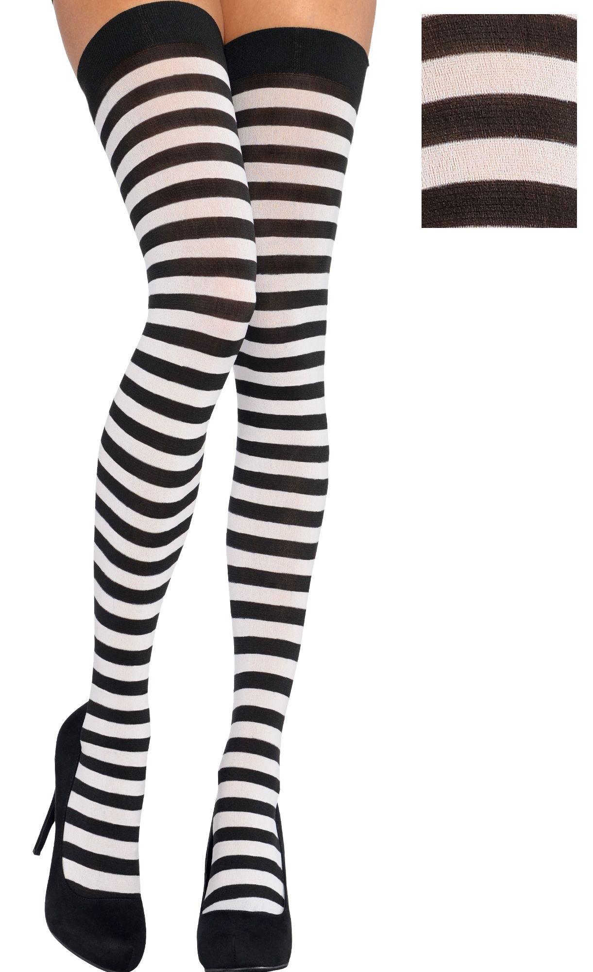 Adult Black & White Striped Thigh-High Stockings | Party City