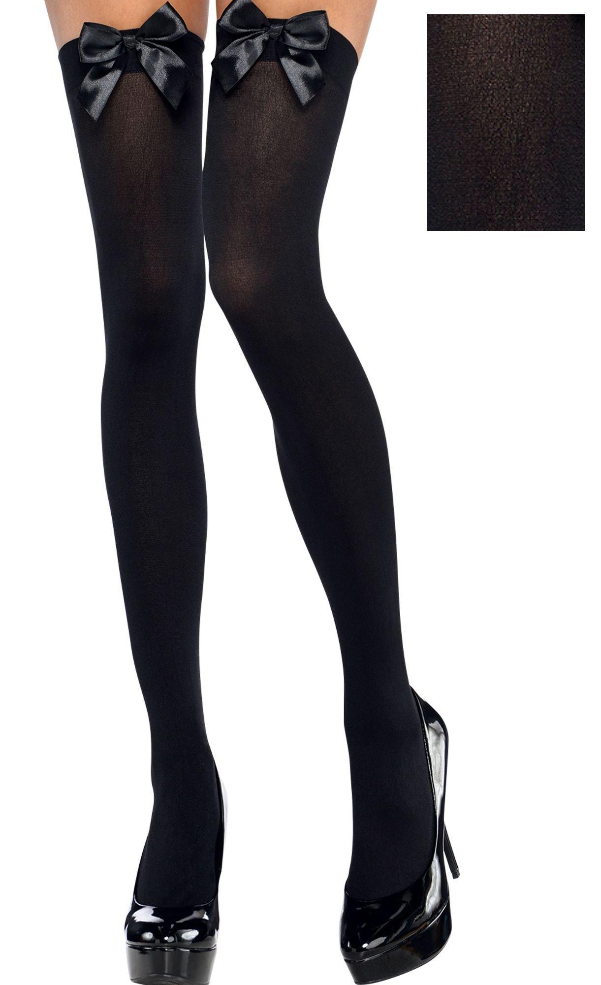 Opaque Black Bow Thigh High Stockings - Spencer's