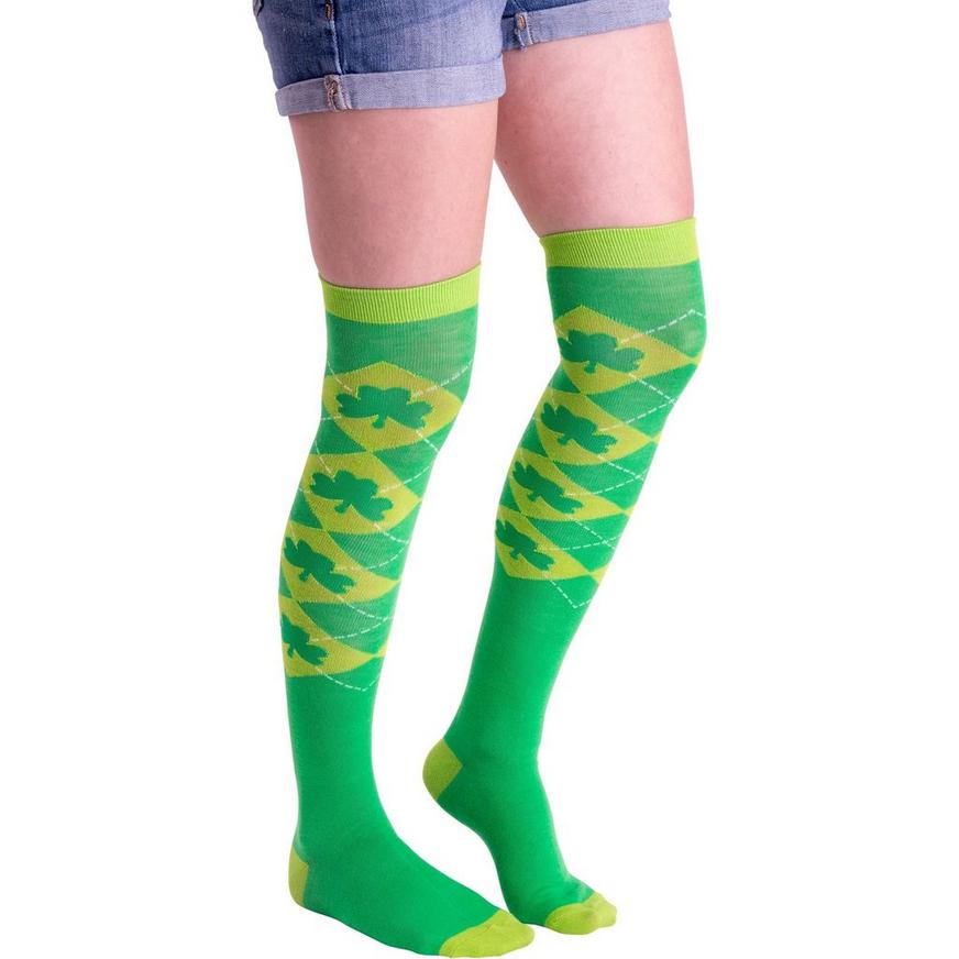 Green Argyle Shamrock Over-the-Knee Socks