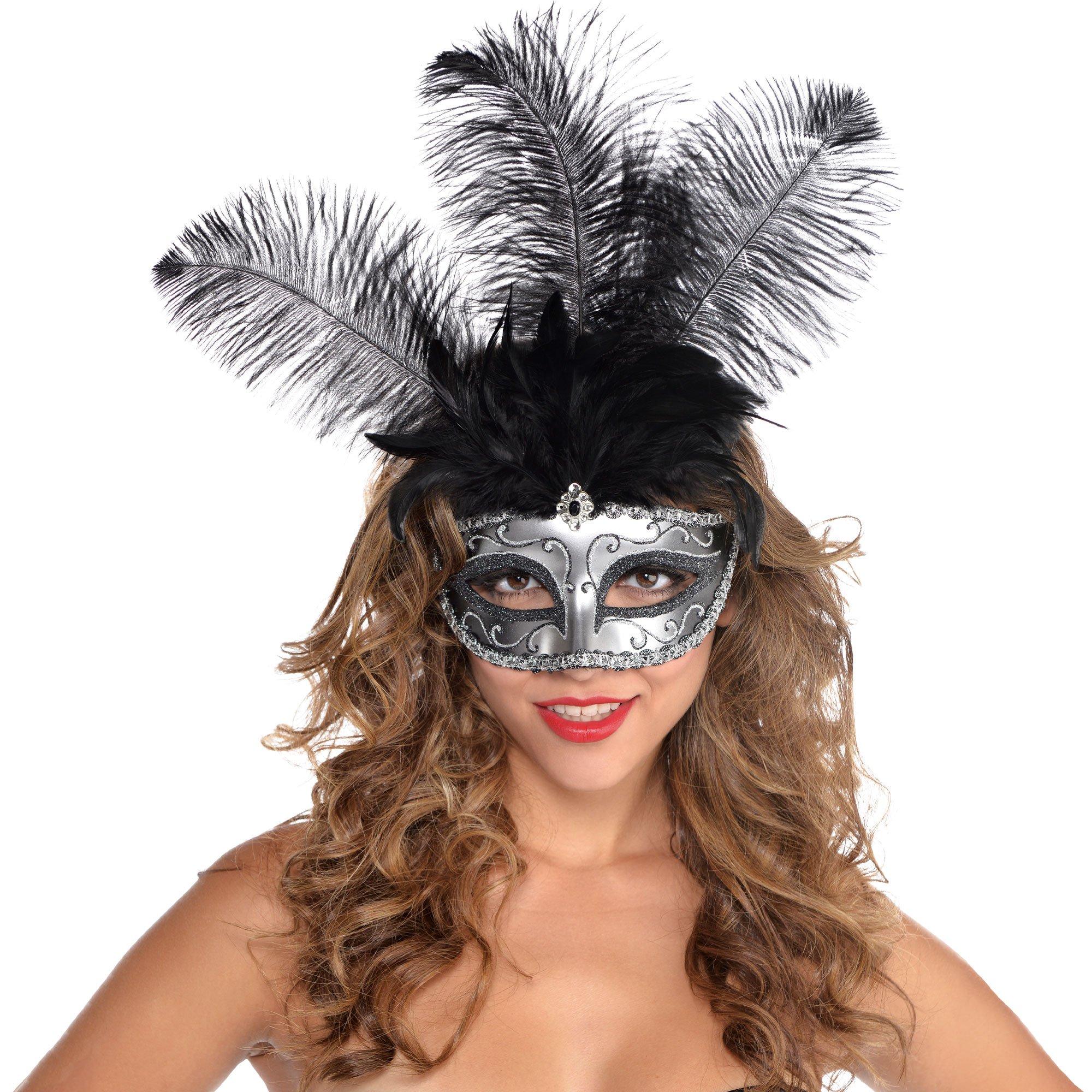 Silver W/ Rainbow Feathers Eye Mask Masquerade Madri gras prom party mask