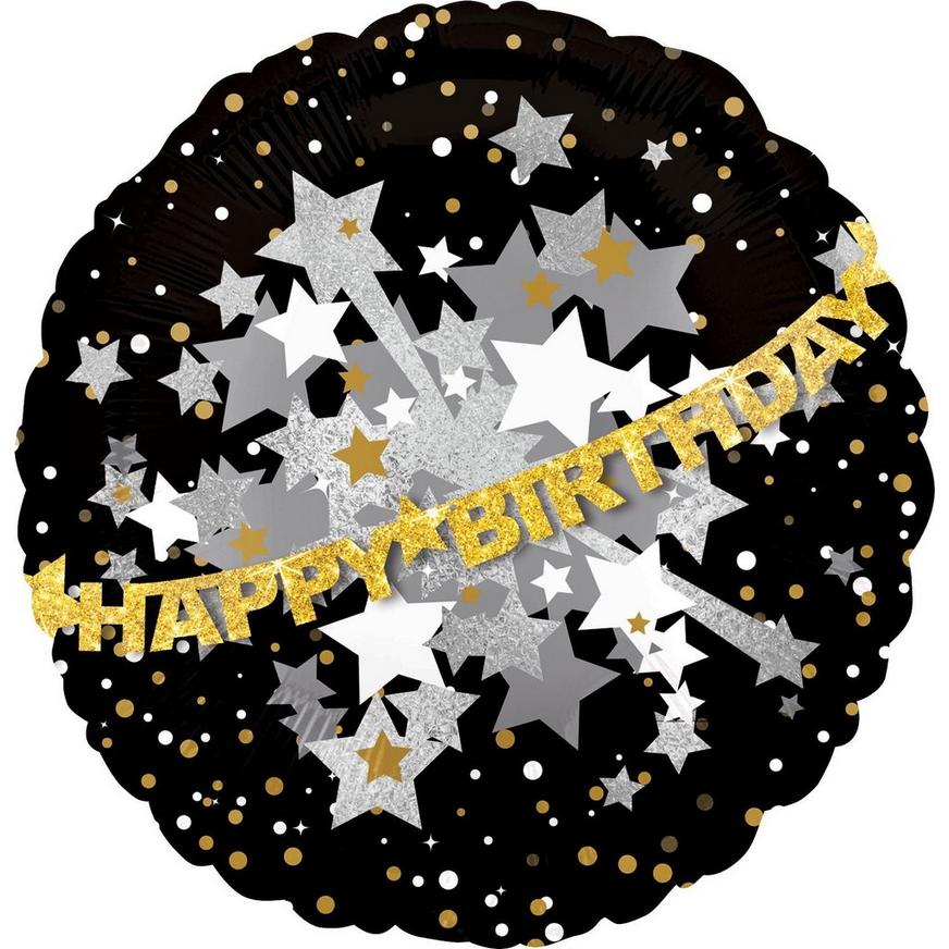 Happy Birthday Balloon - Prismatic Black, Gold & Silver 31in