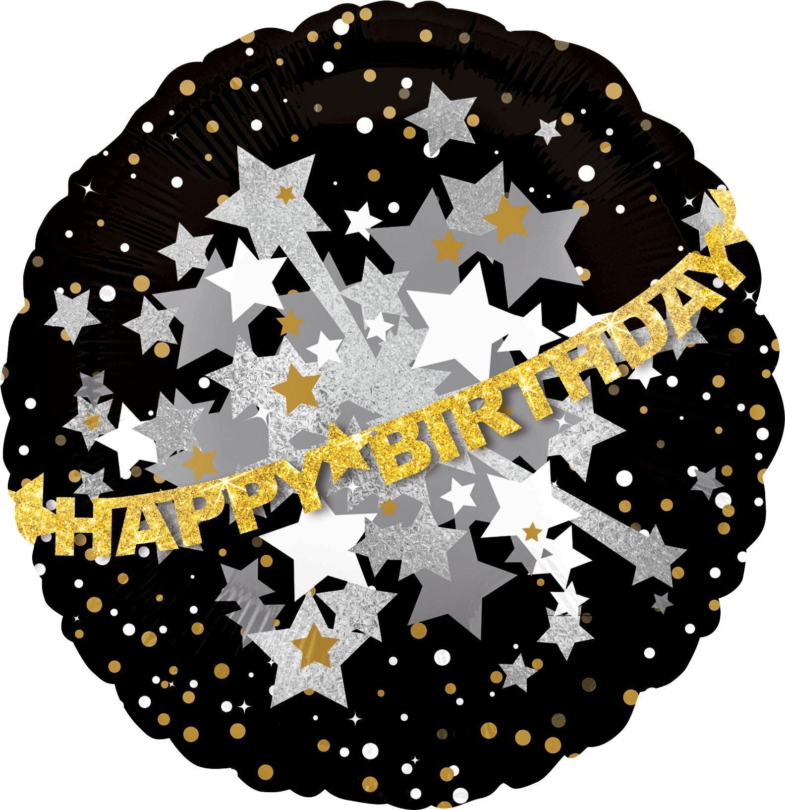 Happy Birthday Balloon - Prismatic Black, Gold & Silver, 32in