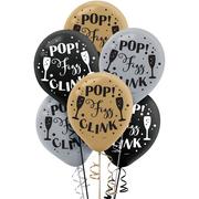 15ct, 12in, Black, Silver & Gold Pop Fizz Clink Latex Balloons 