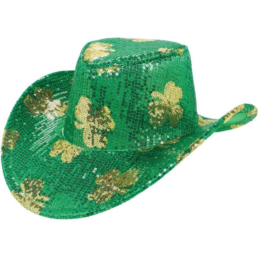 Patrick's Day Shamrock Sequin Cowboy Hat Black Green Adjustable Strap NWT St 