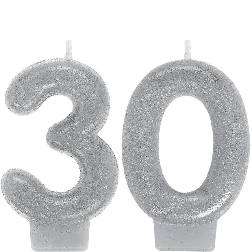 Glitter Silver Number 30 Birthday Candles 2ct