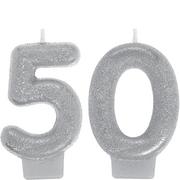 Glitter Silver Number 50 Birthday Candles 2ct