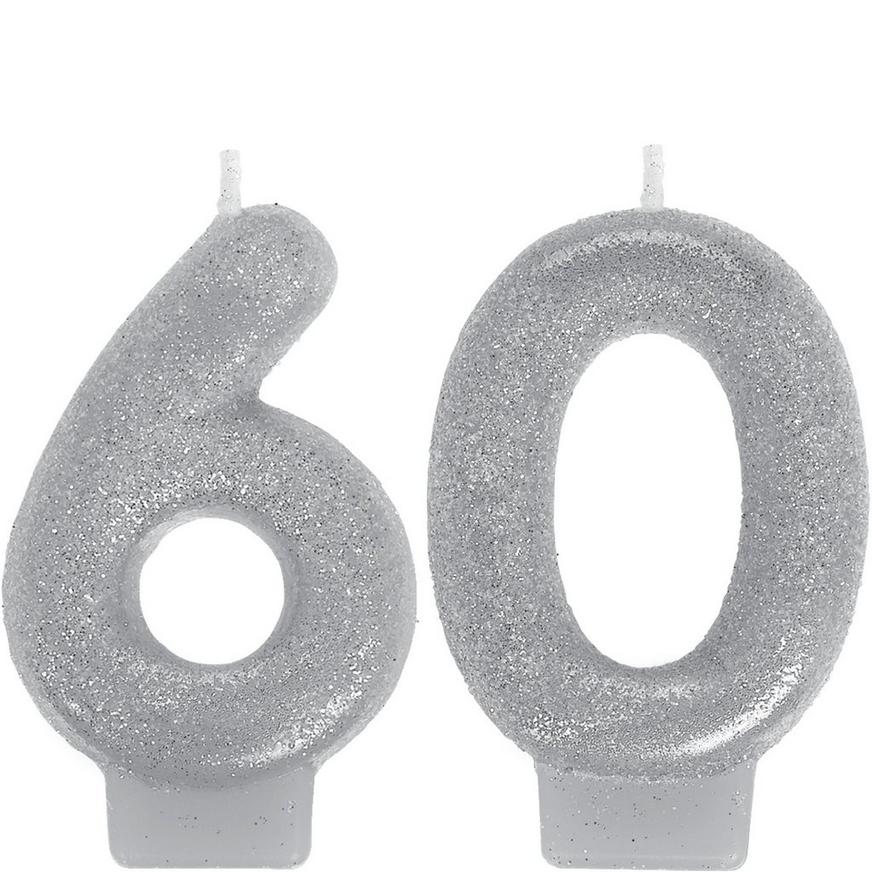 Glitter Silver Number 60 Birthday Candles 2ct