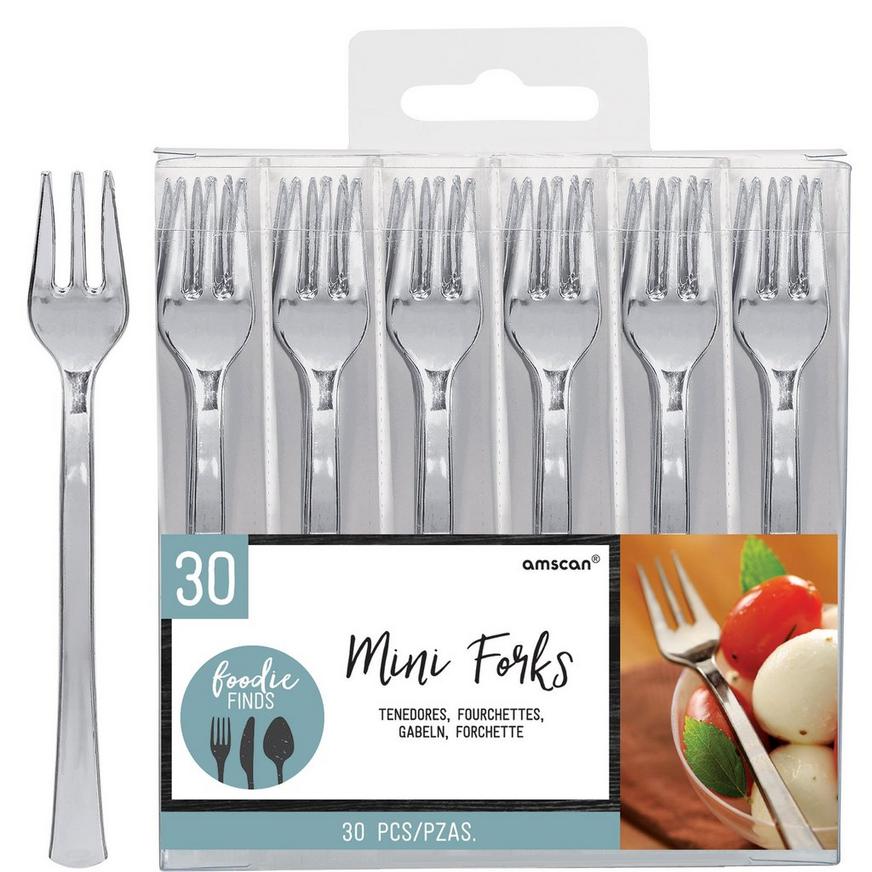Mini Silver Plastic Forks 30ct