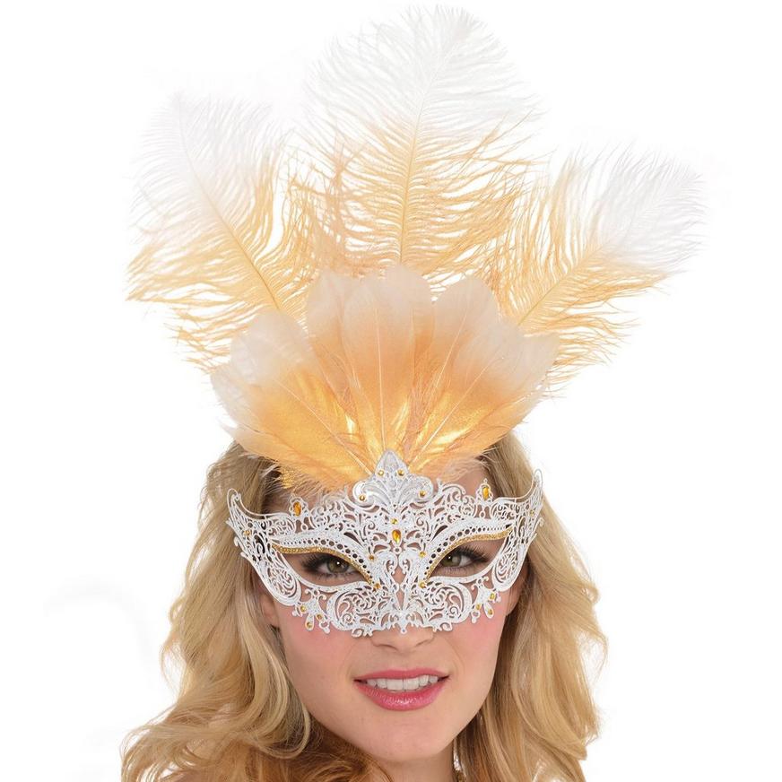 White Filigree & Feather Masquerade Mask