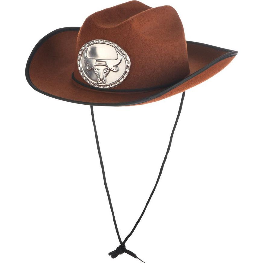 Brown Flock Plastic Cowboy Hat Cow Boy Wild West Adult Mens Fancy Dress Costume 