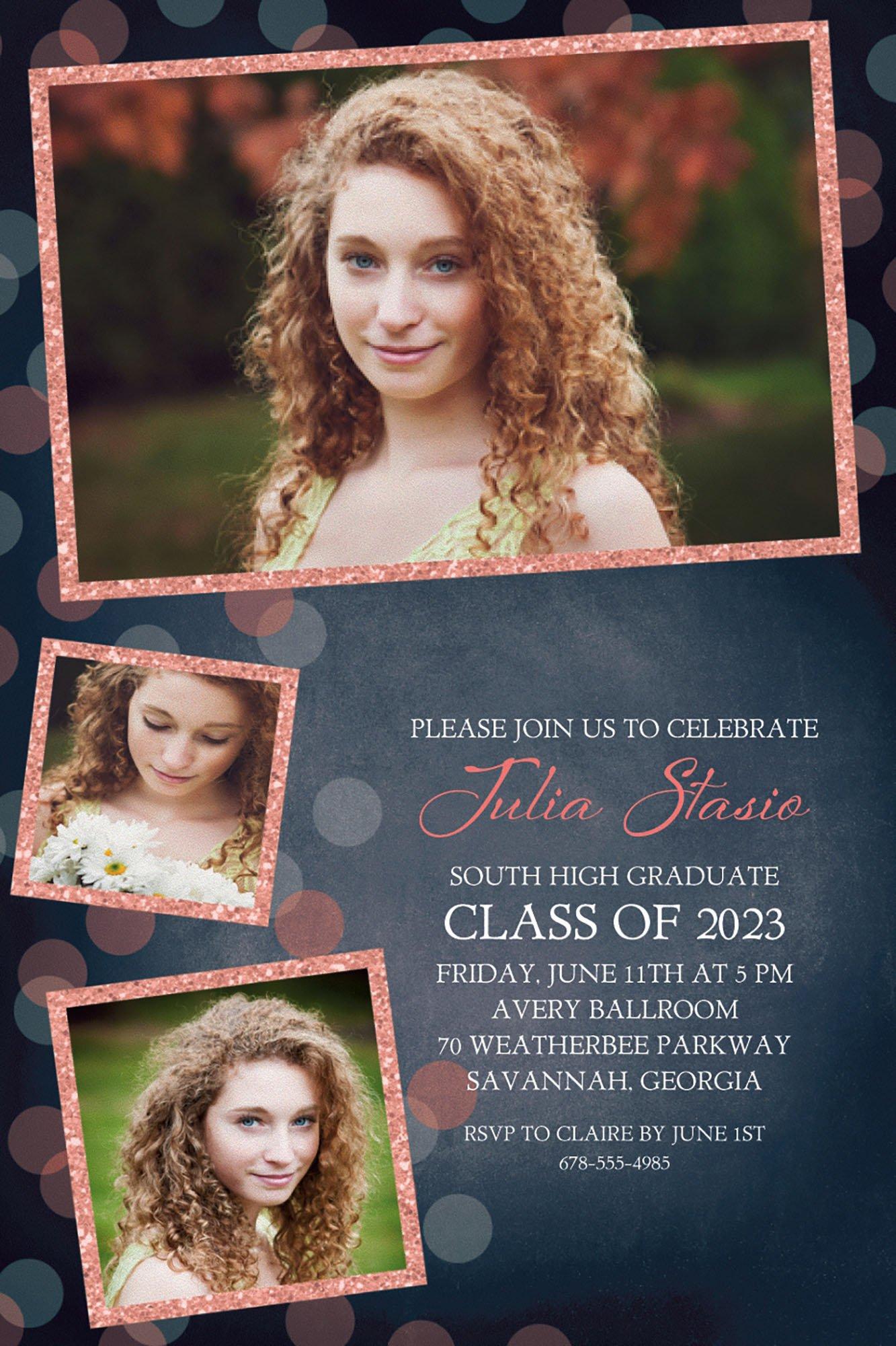 Custom Glitter Salmon Frames & Dots Graduation Photo Invitation   