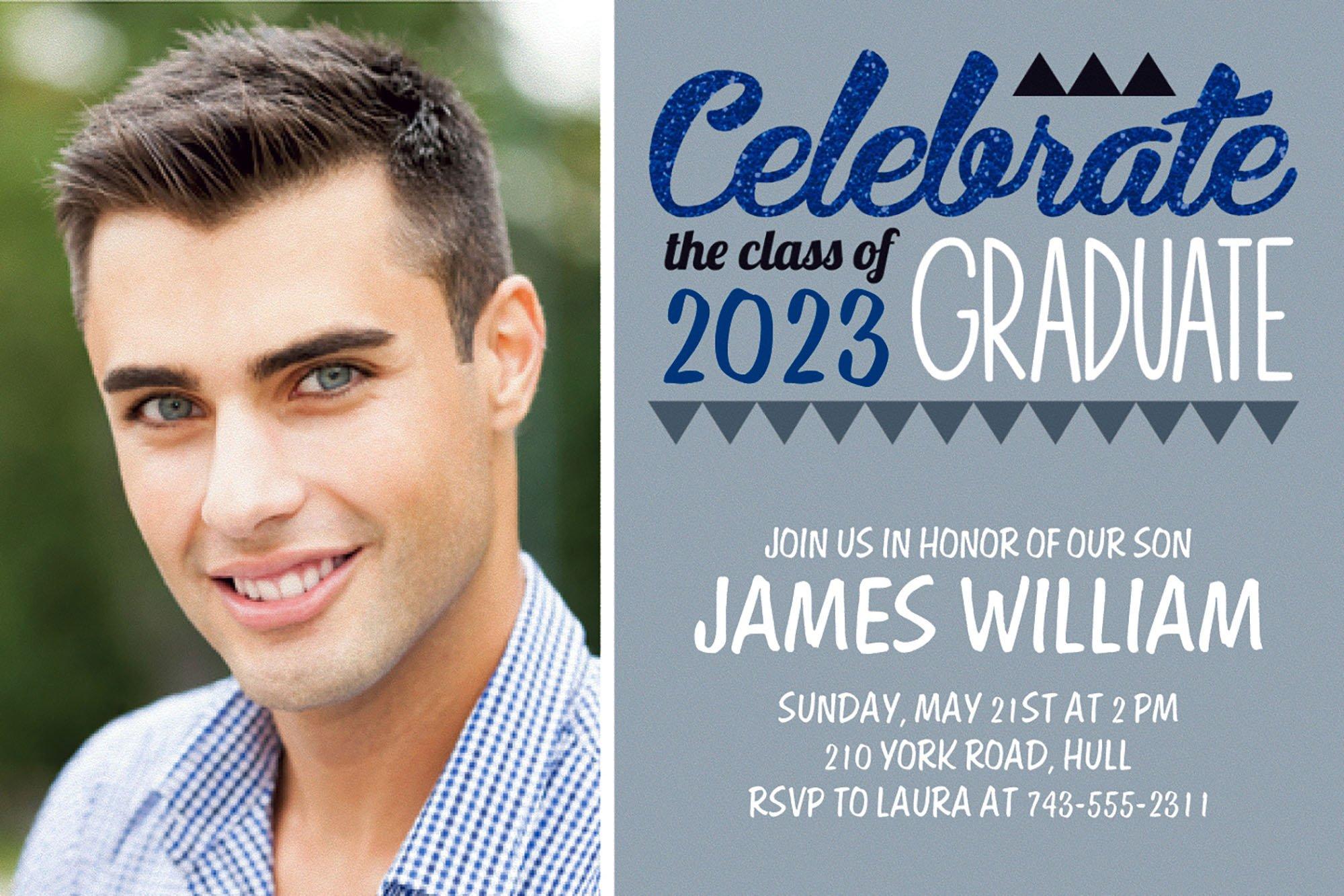 Custom Gray Pennant Banner Graduation Photo Invitation