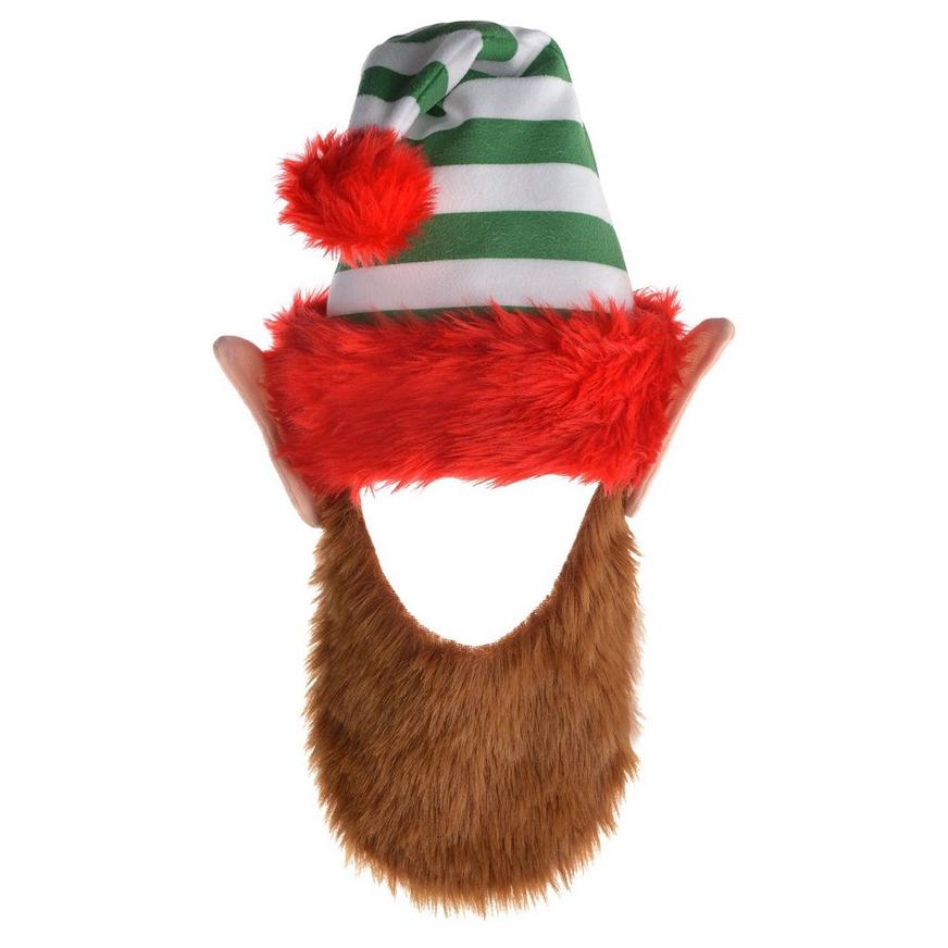 Adjustable Green Striped Elf Hat with Beard for Kids & Adults
