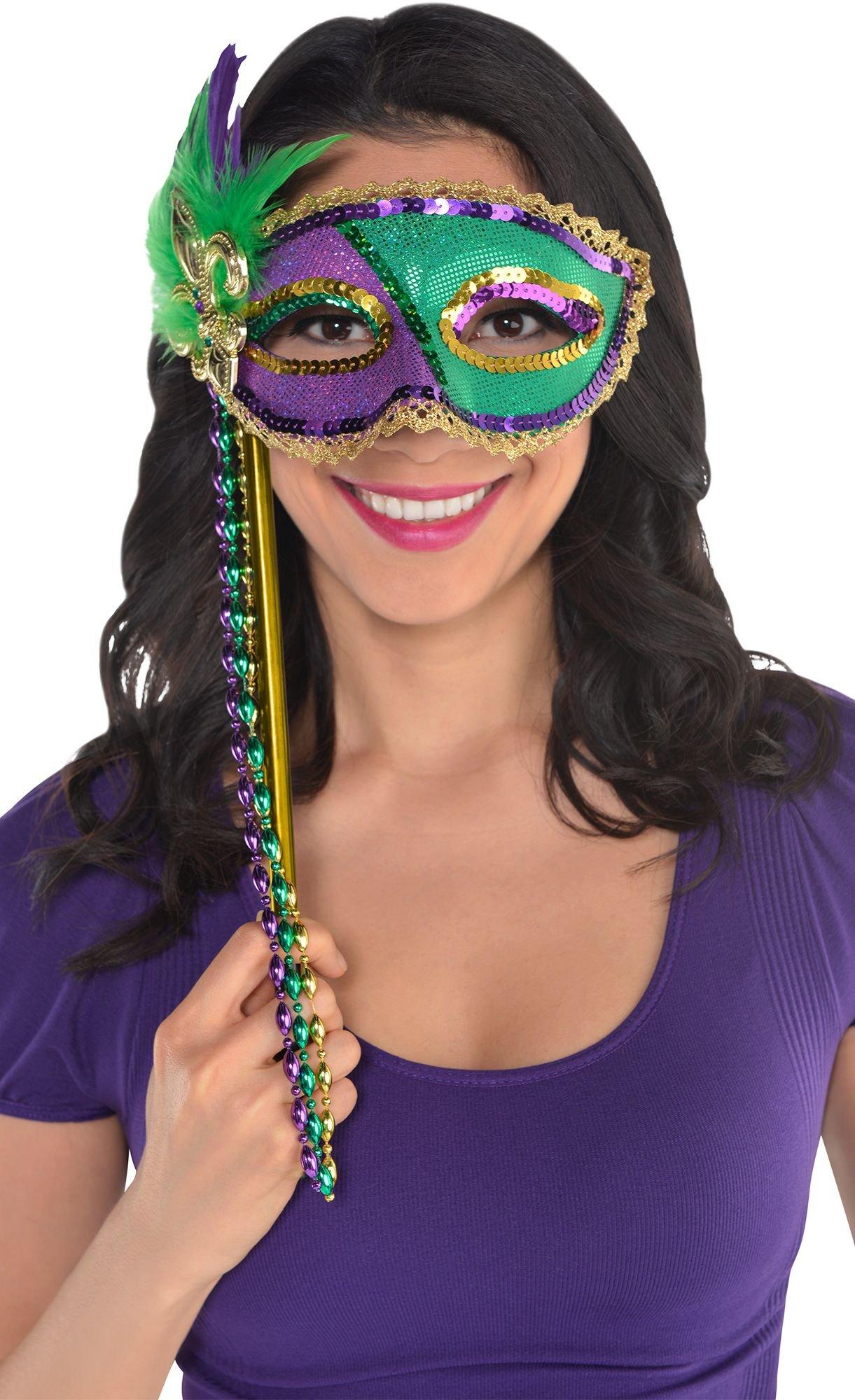Sequin Mardi Gras Masquerade Mask on a Stick