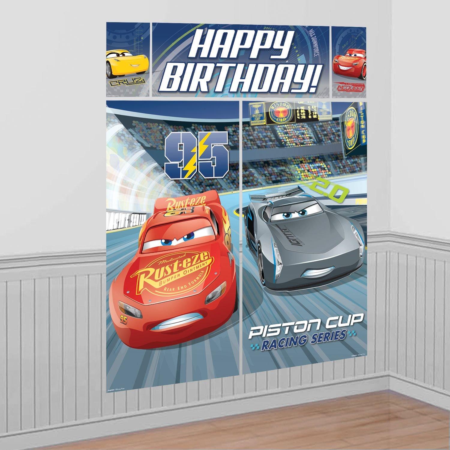 Cake Decoration Set Cars Lightning Mcqueen With Car Flags and Candle for  His Birthday 