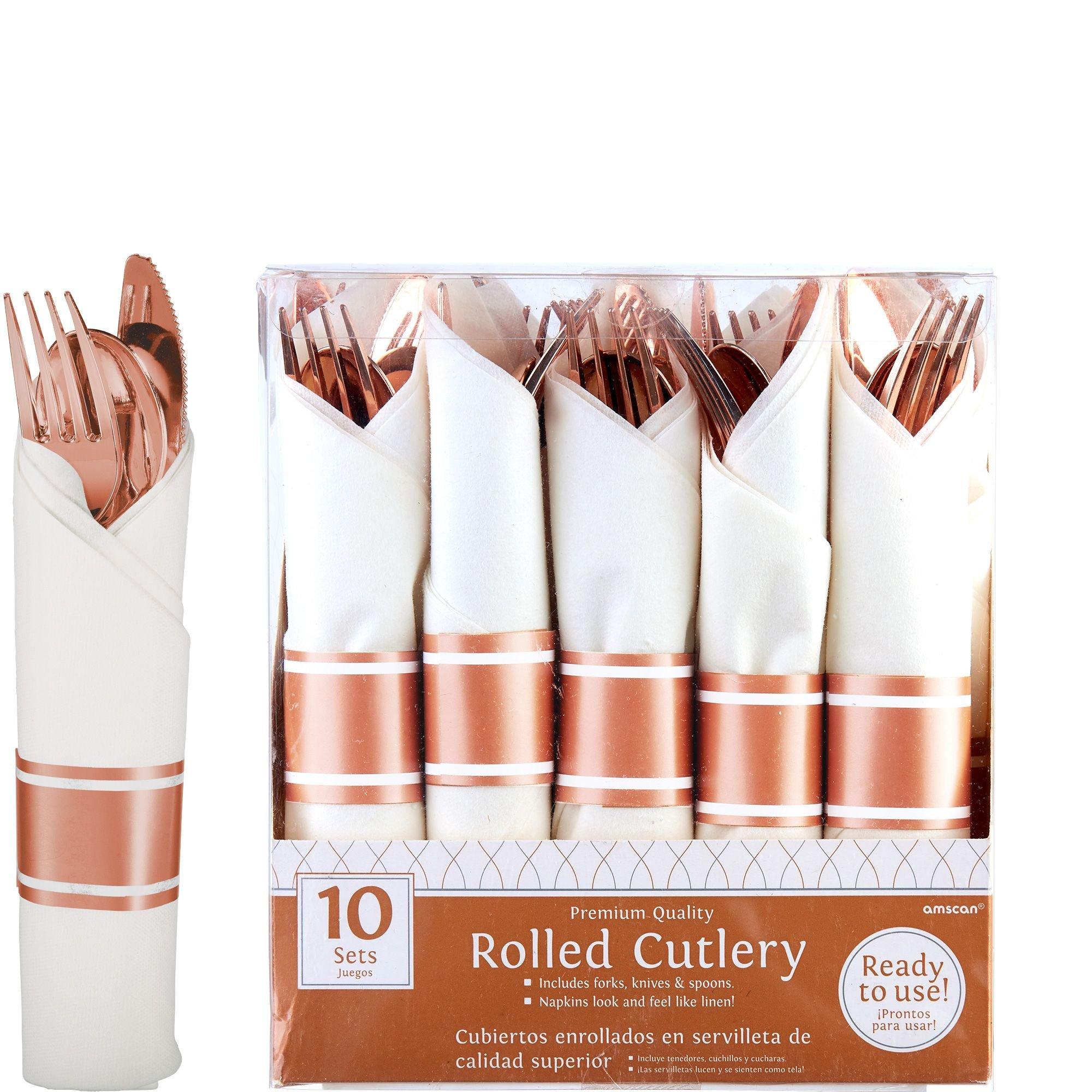 Rolled Metallic Rose Gold Premium Plastic Cutlery Sets 10ct