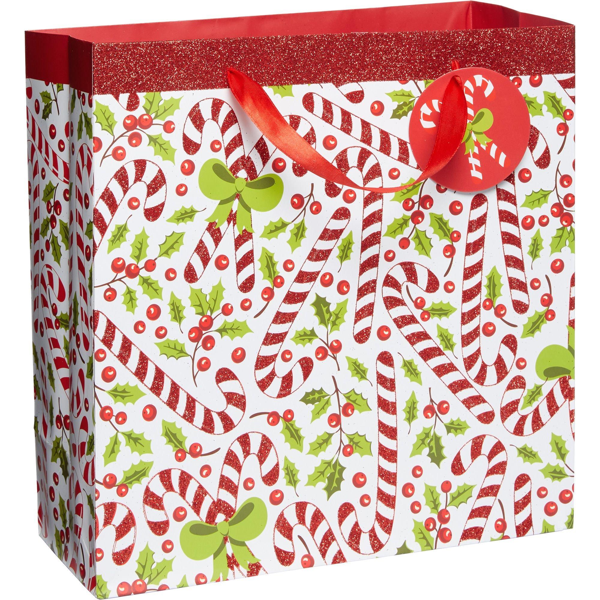 Glitter Candy Cane Christmas Gift Bag 12in x 12in Party City