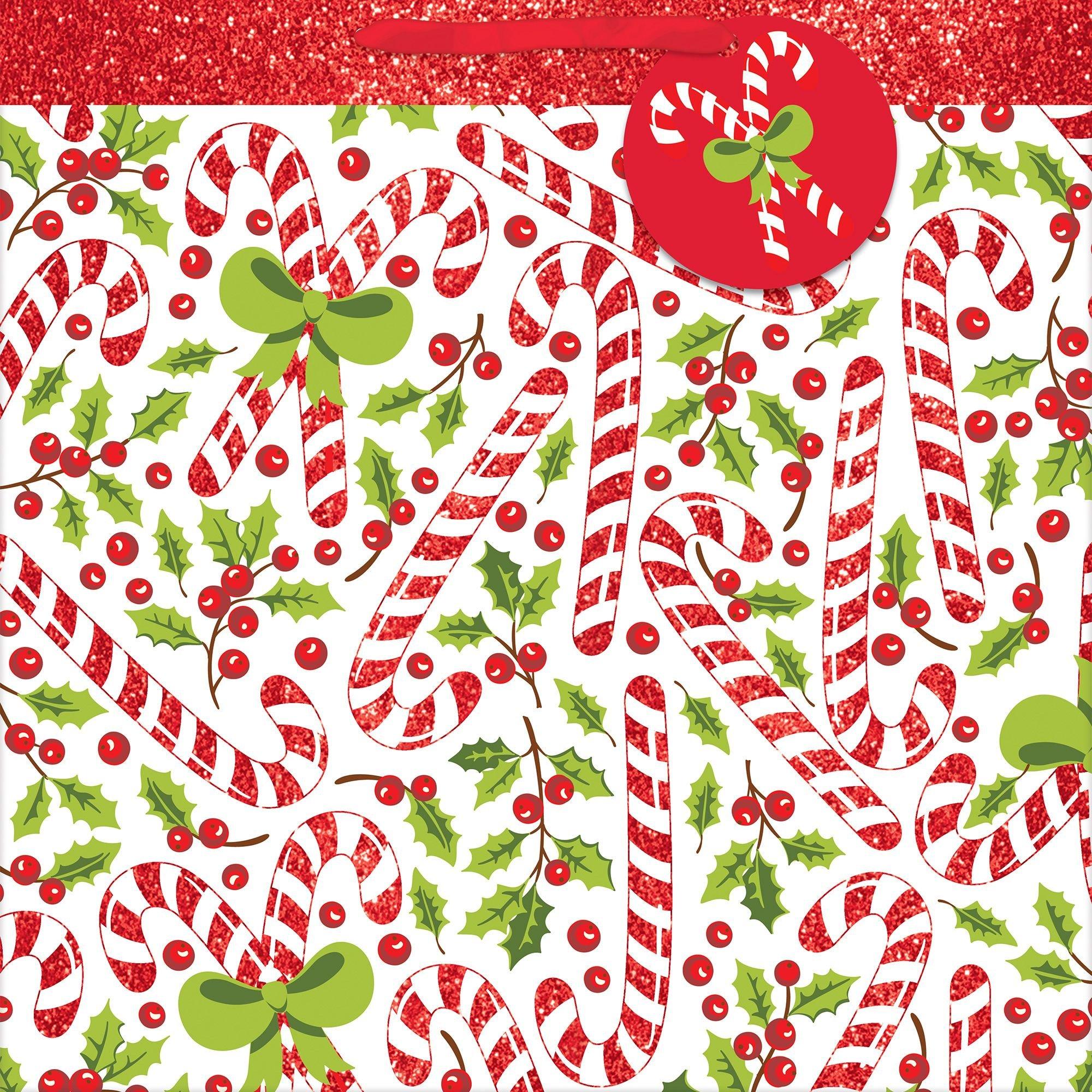 Glitter Candy Cane Christmas Gift Bag 12in x 12in Party City