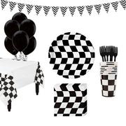 Black & White Checkered Super Tableware Kit for 16 Guests