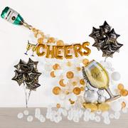 Air-Filled Gold Cheers & Champagne Flute Foil Balloon Phrase Banner, 16in Letters