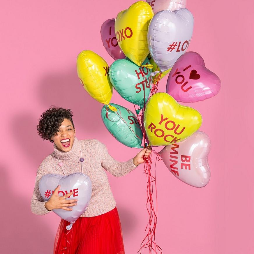 Pastel Conversation Hearts Valentine's Day Foil Balloon Bouquet, 6pc