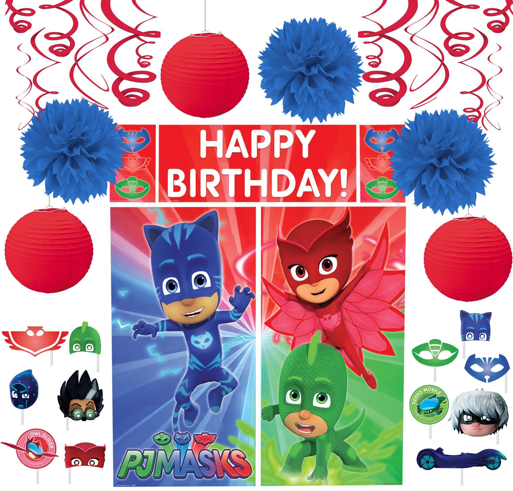 PJ Masks Party Decorating Supplies Pack - Kit Includes Paper Lantern Decorations, Swirls, Scene Setter, Photo Booth Props & Tissue Pom Poms