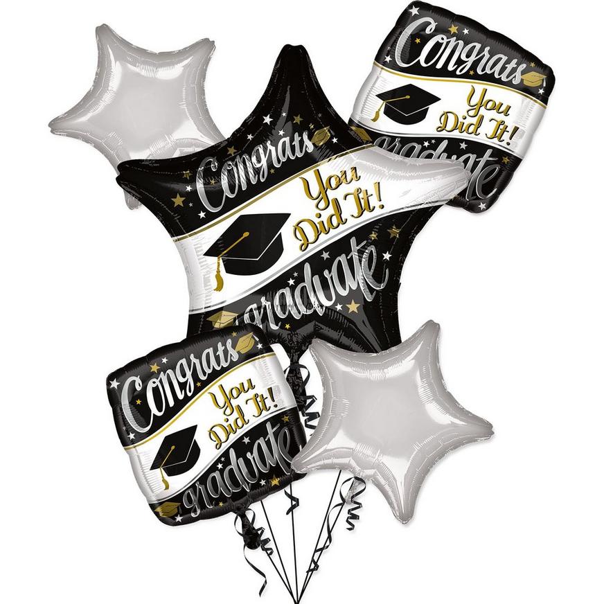 Black, White, & Gold Congrats Graduate Balloon Bouquet, 5pc