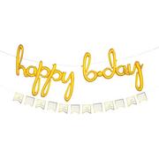 Air-Filled Gold Happy Bday Cursive Letter Balloons with Pennant Banner