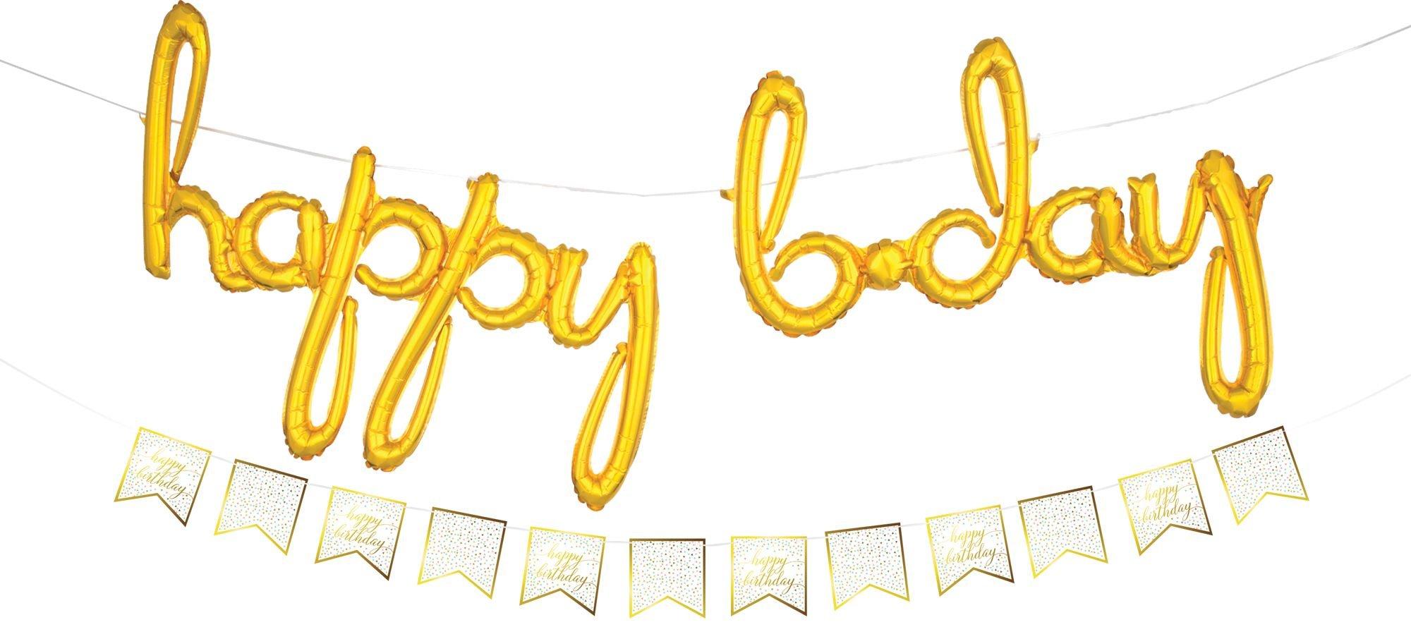 Air-Filled Gold Happy Bday Cursive Letter Balloons with Pennant Banner