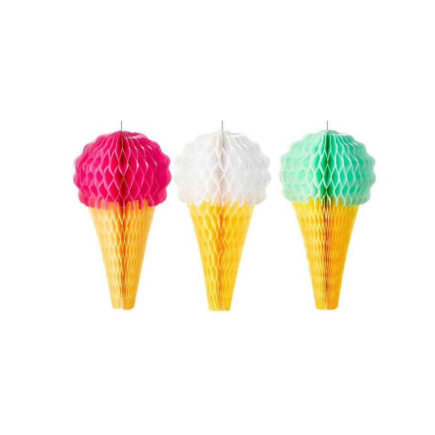 Green, Pink & White Ice Cream Honeycomb Decorations 3ct