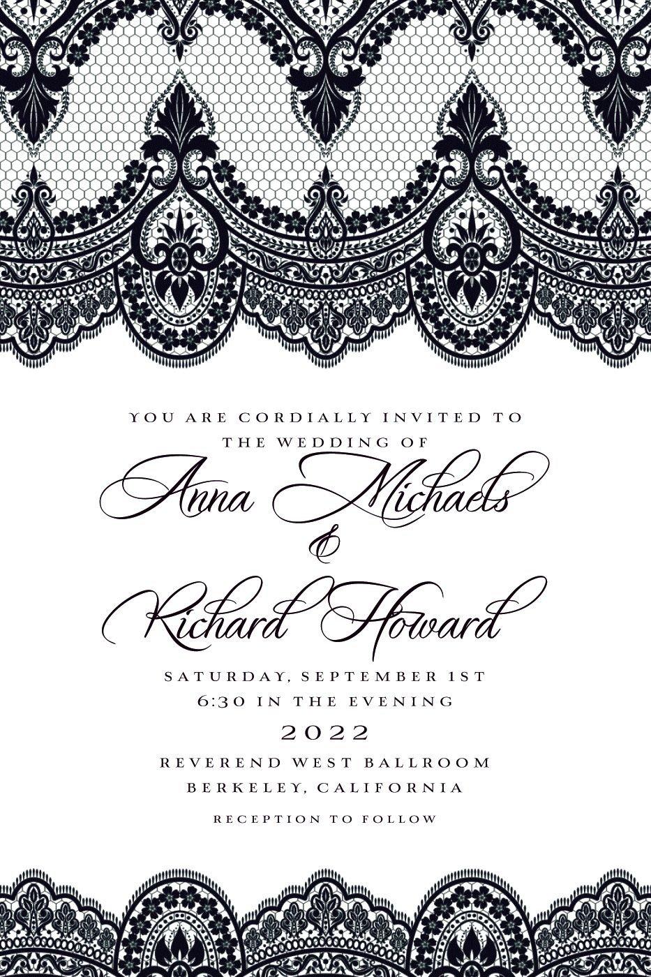 Custom Black & White Lace Wedding Invitation 