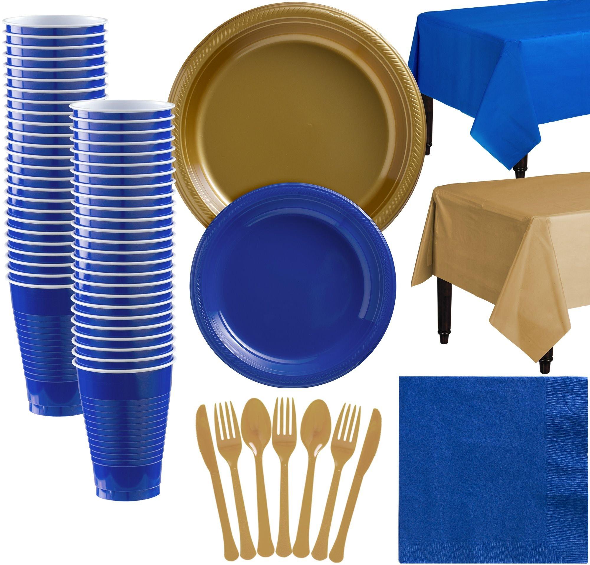 Gold & Royal Blue Plastic Tableware Kit for 50 Guests