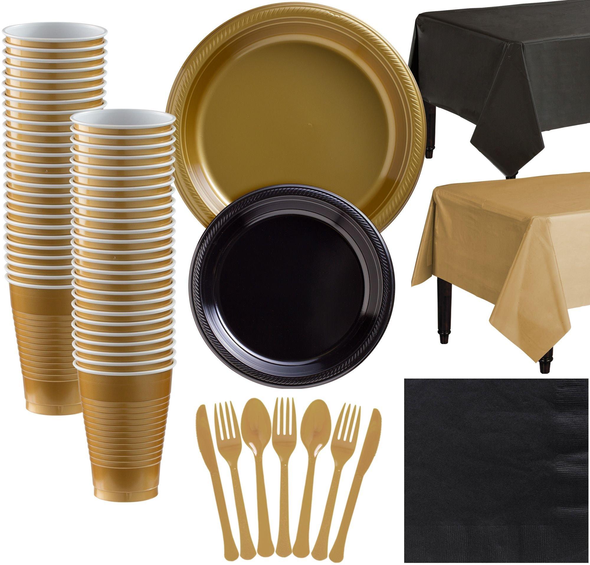 Gold & Black Plastic Tableware Kit for 50 Guests Party City