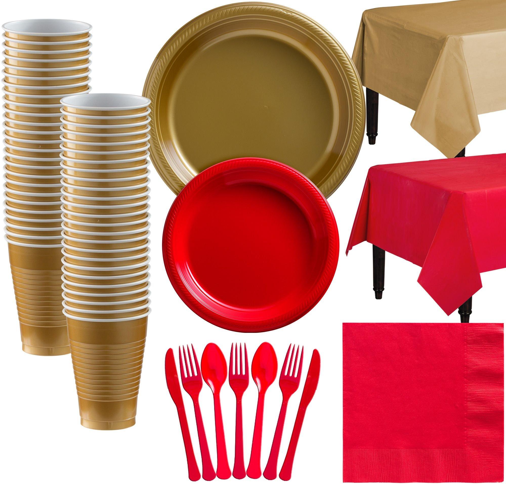 Gold & Red Plastic Tableware Kit for 50 Guests