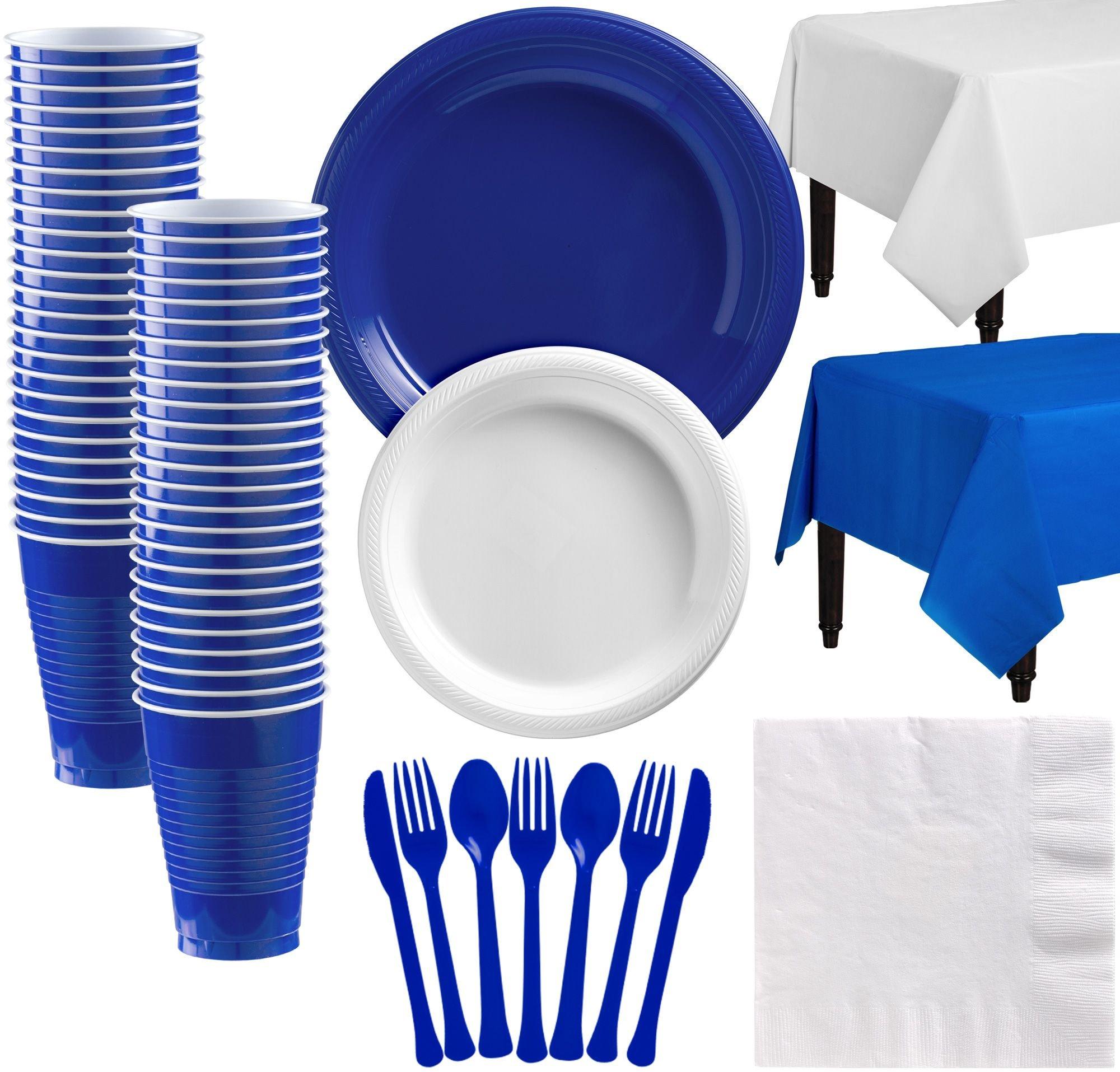 Royal Blue & White Plastic Tableware Kit for 50 Guests