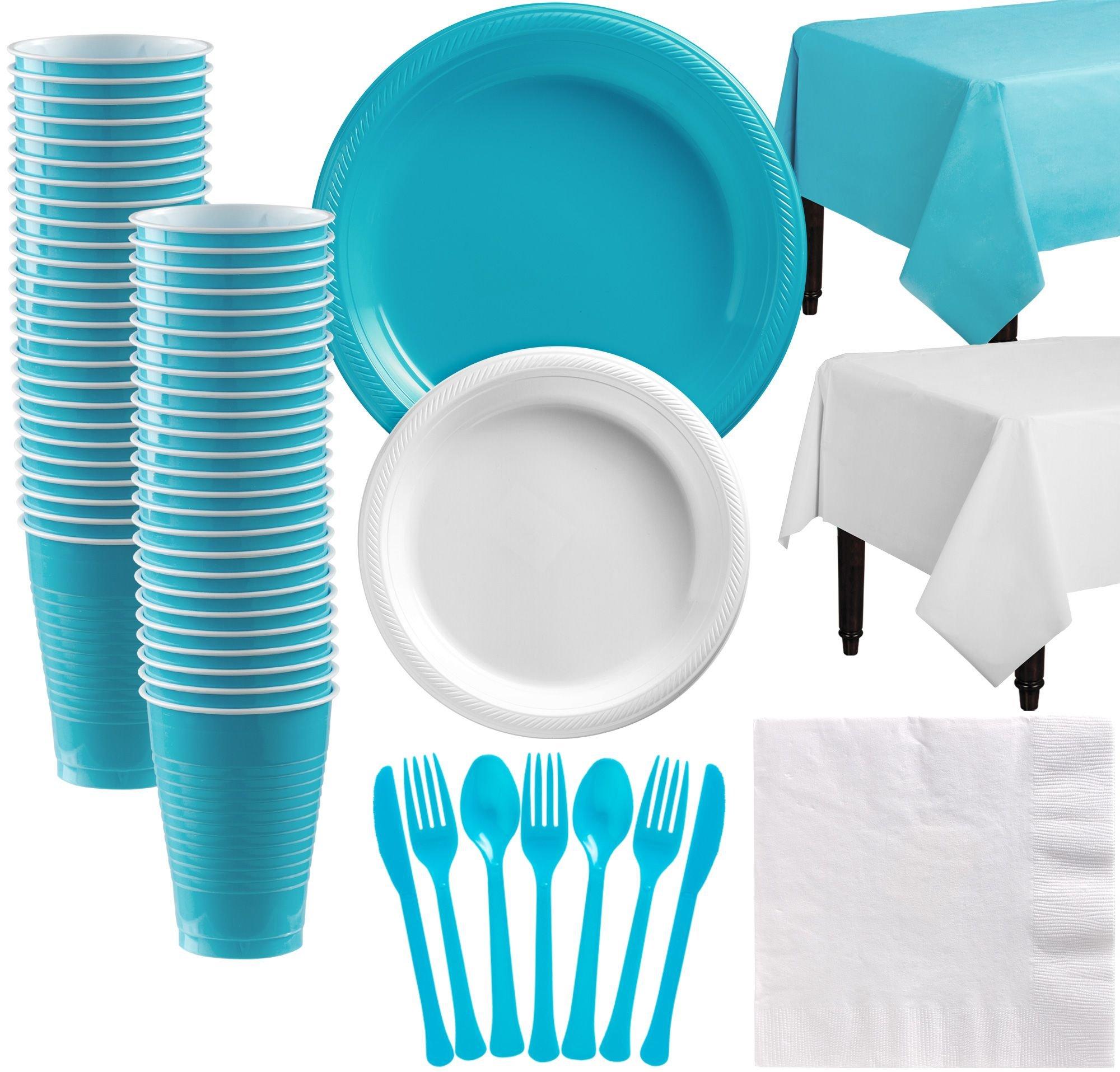 Caribbean Blue & White Plastic Tableware Kit for 50 Guests | Party City