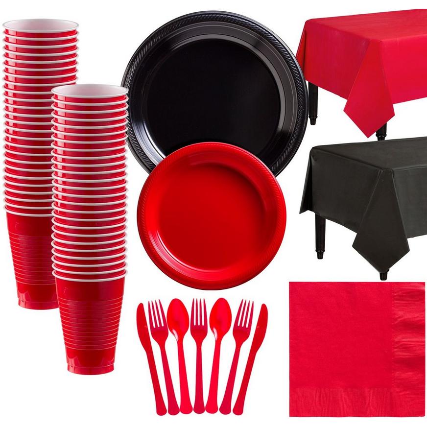Black & Red Plastic Tableware Kit for 50 Guests